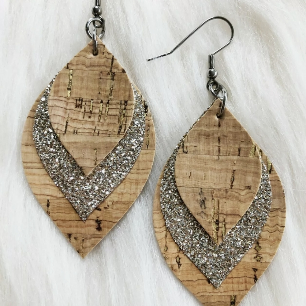 Silver sparkly and cork earrings